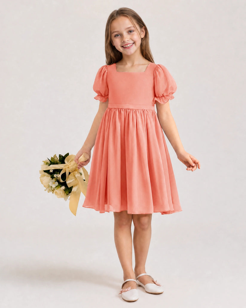 Coral Chiffon A-line Flower Girl Dress Front View