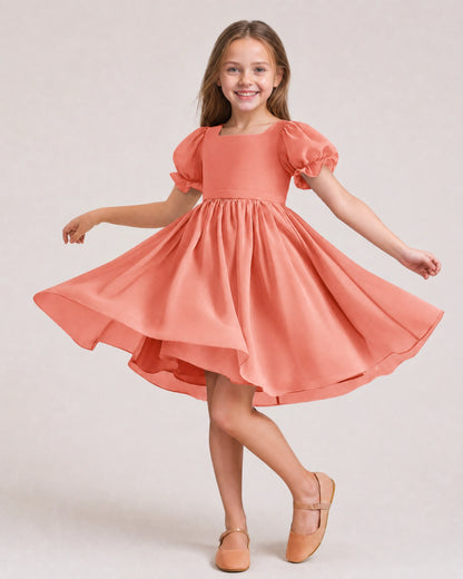 Dideyttawl Sage Green Chiffon Puff Sleeve Knee Length Flower Girl Dress Bow Back Junior Bridesmaid Dress