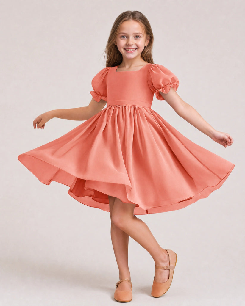 Coral Chiffon A-line Flower Girl Dress Front View