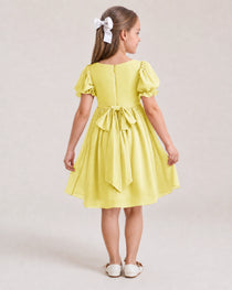 Dideyttawl Sage Green Chiffon Puff Sleeve Knee Length Flower Girl Dress Bow Back Junior Bridesmaid Dress