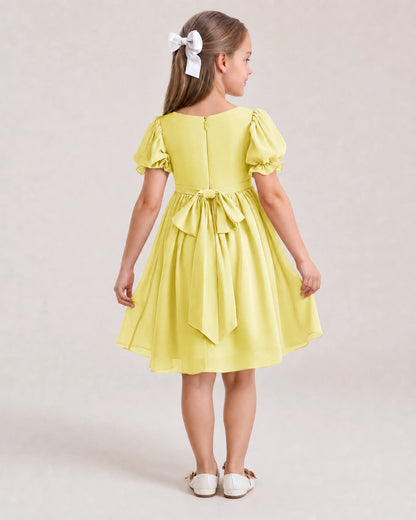 Dideyttawl Sage Green Chiffon Puff Sleeve Knee Length Flower Girl Dress Bow Back Junior Bridesmaid Dress