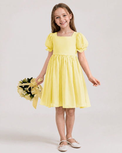 Dideyttawl Sage Green Chiffon Puff Sleeve Knee Length Flower Girl Dress Bow Back Junior Bridesmaid Dress