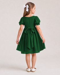 Dideyttawl Sage Green Chiffon Puff Sleeve Knee Length Flower Girl Dress Bow Back Junior Bridesmaid Dress