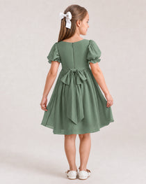 Dideyttawl Sage Green Chiffon Puff Sleeve Knee Length Flower Girl Dress Bow Back Junior Bridesmaid Dress