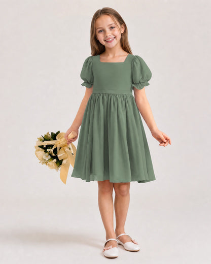 Dideyttawl Sage Green Chiffon Puff Sleeve Knee Length Flower Girl Dress Bow Back Junior Bridesmaid Dress