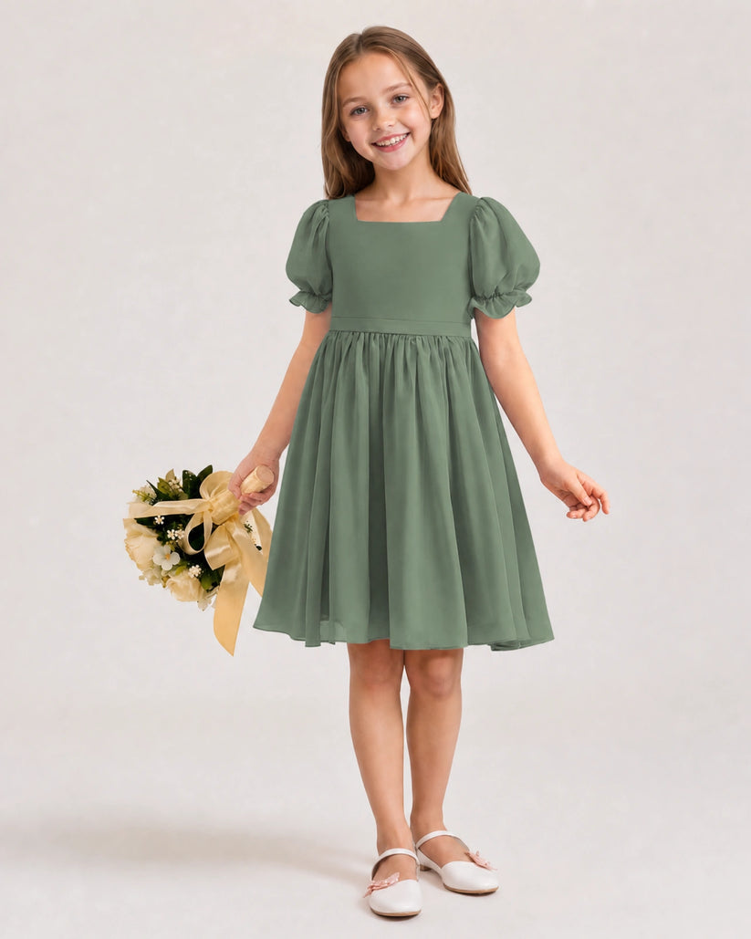 Eucalyptus Chiffon A-line Flower Girl Dress Front View