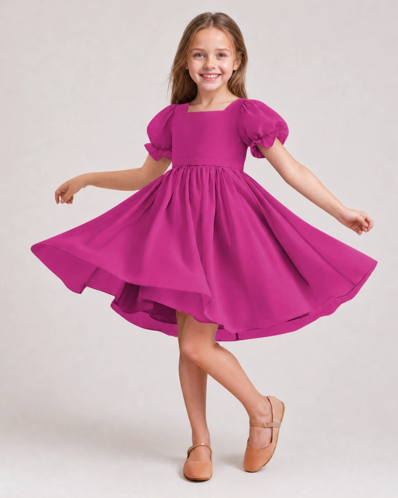 Dideyttawl Sage Green Chiffon Puff Sleeve Knee Length Flower Girl Dress Bow Back Junior Bridesmaid Dress