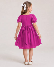 Dideyttawl Sage Green Chiffon Puff Sleeve Knee Length Flower Girl Dress Bow Back Junior Bridesmaid Dress