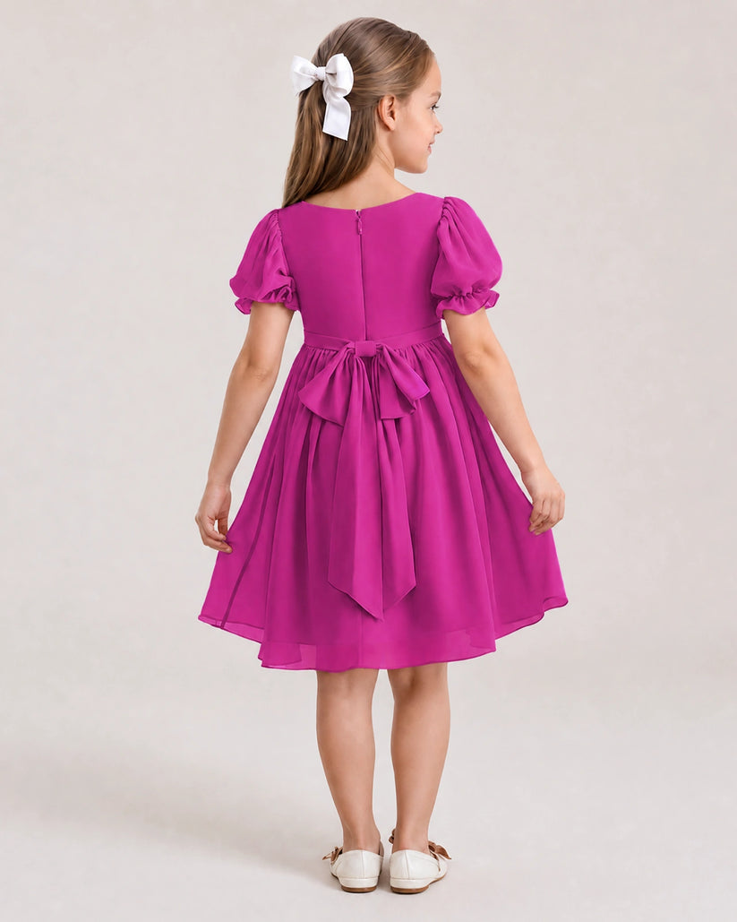 Fuchsia Chiffon A-line Flower Girl Dress Back View