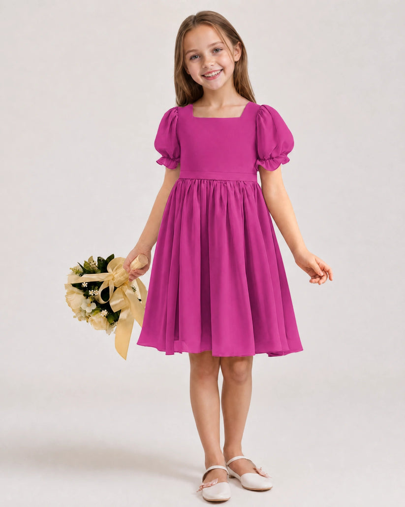 Fuchsia Chiffon A-line Flower Girl Dress Front View