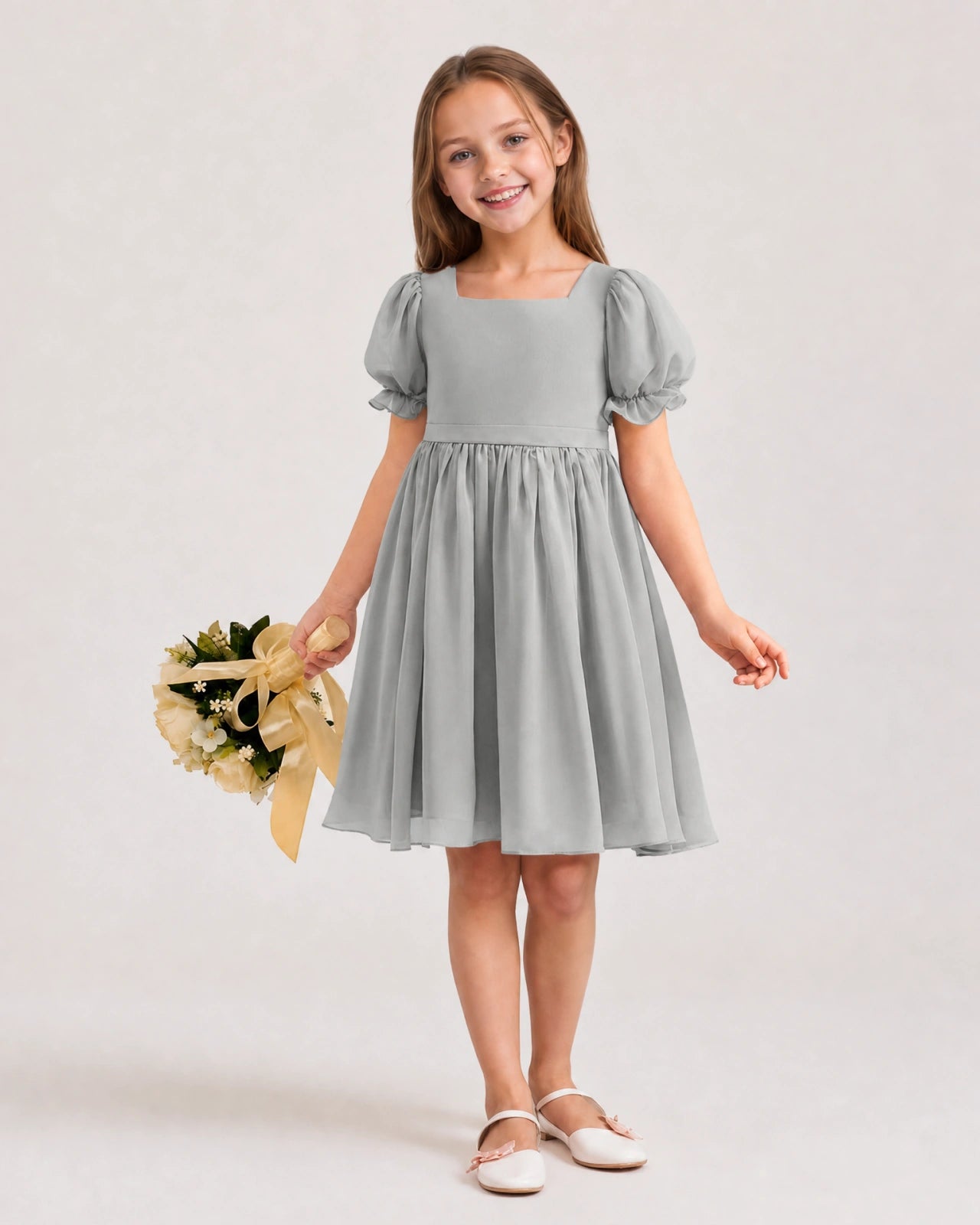Dideyttawl Sage Green Chiffon Puff Sleeve Knee Length Flower Girl Dress Bow Back Junior Bridesmaid Dress