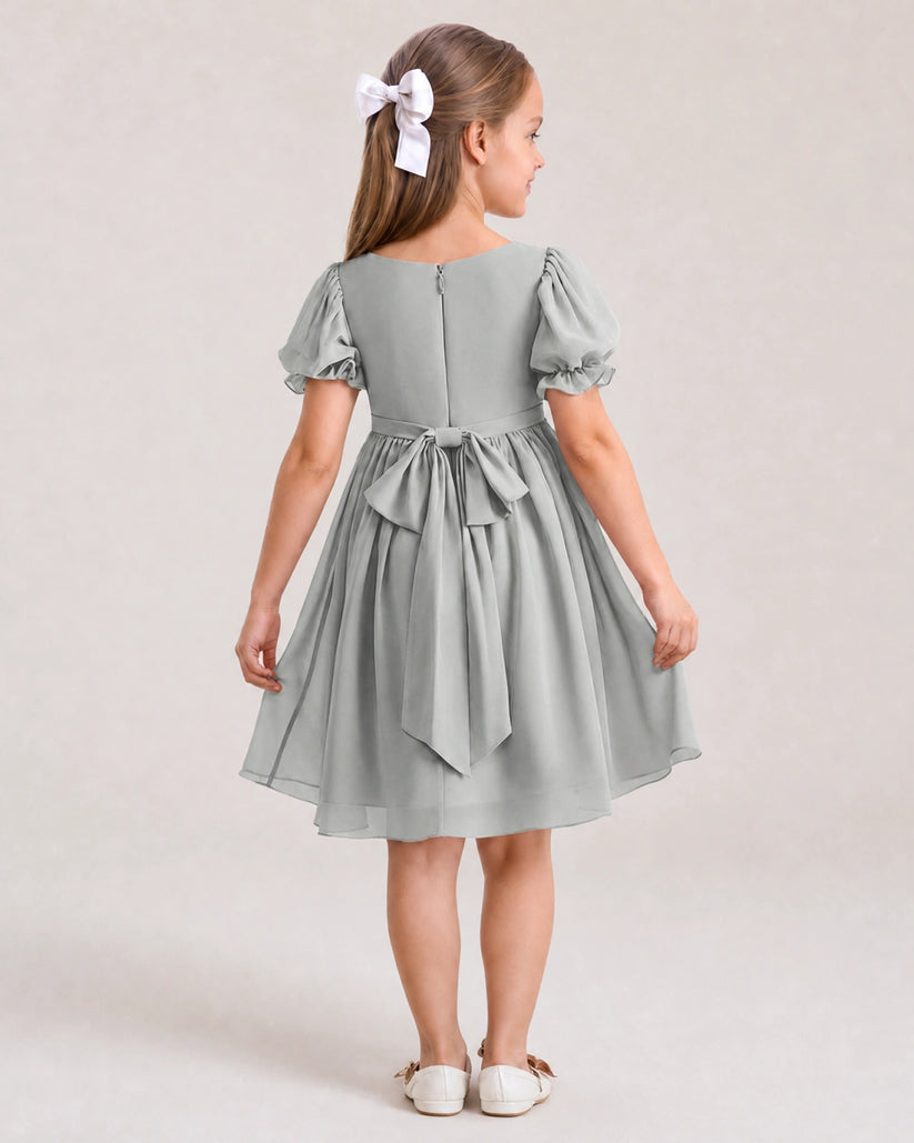 Grey Chiffon A-line Flower Girl Dress Back View