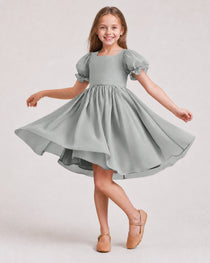 Dideyttawl Sage Green Chiffon Puff Sleeve Knee Length Flower Girl Dress Bow Back Junior Bridesmaid Dress
