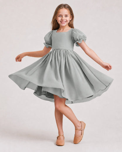 Dideyttawl Sage Green Chiffon Puff Sleeve Knee Length Flower Girl Dress Bow Back Junior Bridesmaid Dress