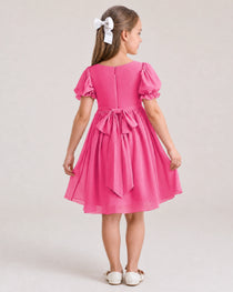 Dideyttawl Sage Green Chiffon Puff Sleeve Knee Length Flower Girl Dress Bow Back Junior Bridesmaid Dress