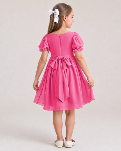 Dideyttawl Sage Green Chiffon Puff Sleeve Knee Length Flower Girl Dress Bow Back Junior Bridesmaid Dress