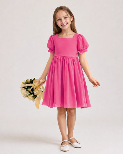 Dideyttawl Sage Green Chiffon Puff Sleeve Knee Length Flower Girl Dress Bow Back Junior Bridesmaid Dress