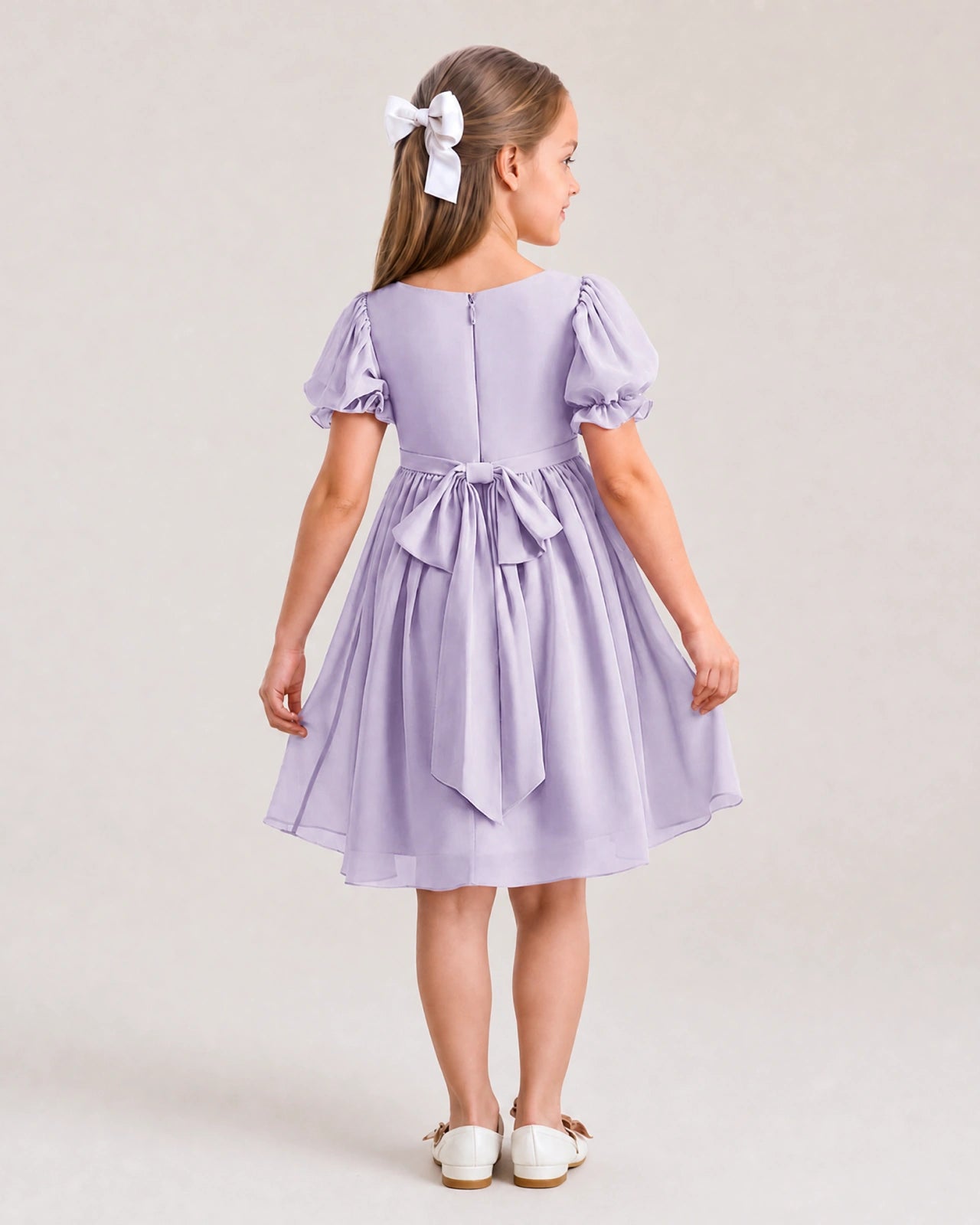 Dideyttawl Sage Green Chiffon Puff Sleeve Knee Length Flower Girl Dress Bow Back Junior Bridesmaid Dress