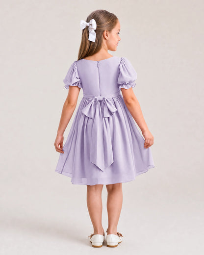 Dideyttawl Sage Green Chiffon Puff Sleeve Knee Length Flower Girl Dress Bow Back Junior Bridesmaid Dress