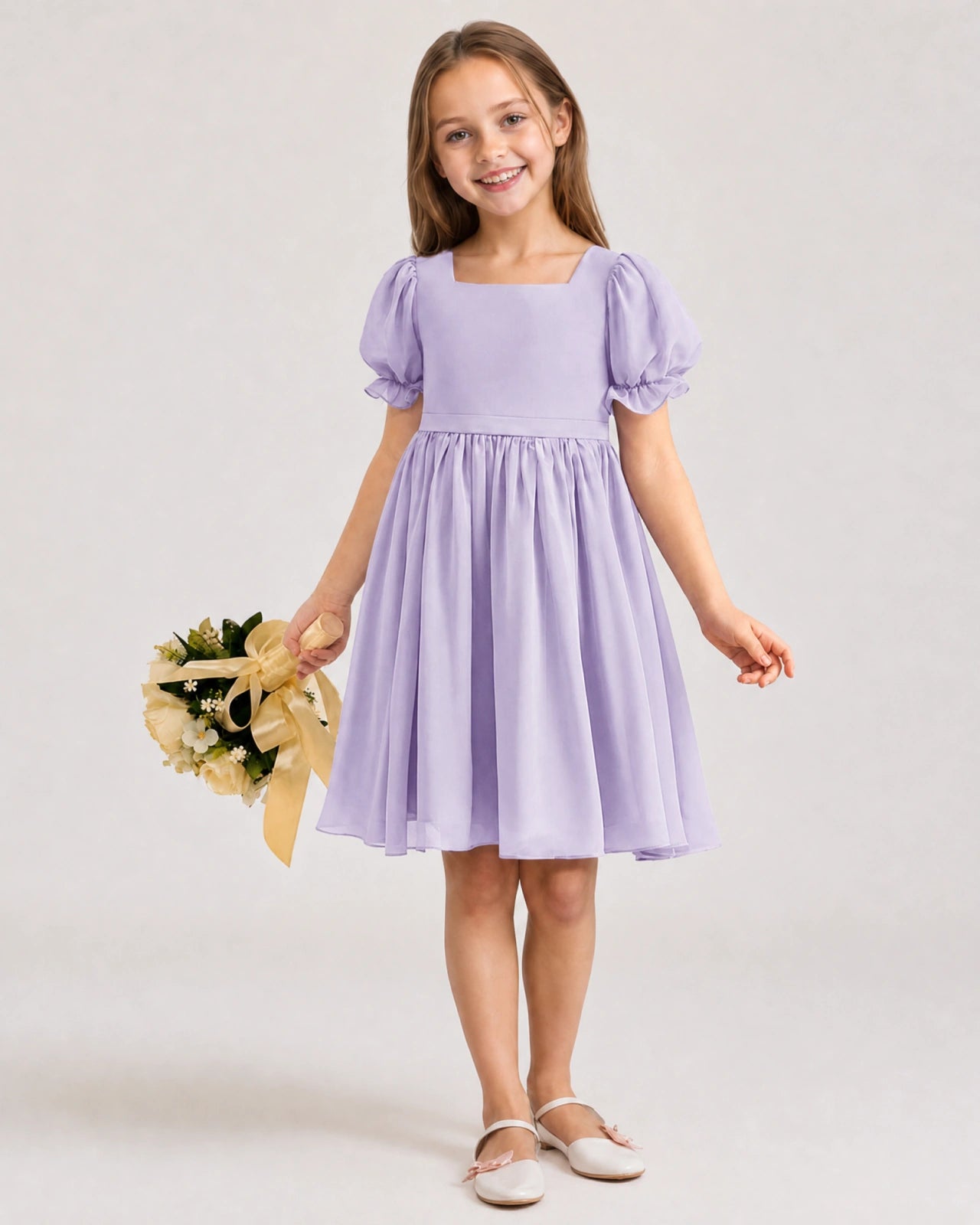 Dideyttawl Sage Green Chiffon Puff Sleeve Knee Length Flower Girl Dress Bow Back Junior Bridesmaid Dress