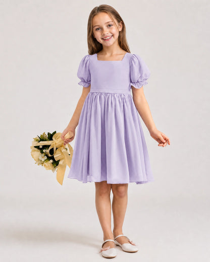 Dideyttawl Sage Green Chiffon Puff Sleeve Knee Length Flower Girl Dress Bow Back Junior Bridesmaid Dress
