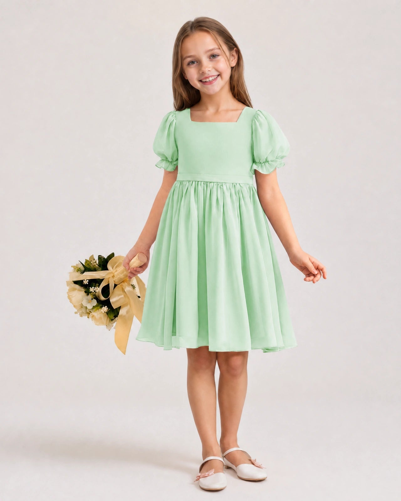 Dideyttawl Sage Green Chiffon Puff Sleeve Knee Length Flower Girl Dress Bow Back Junior Bridesmaid Dress