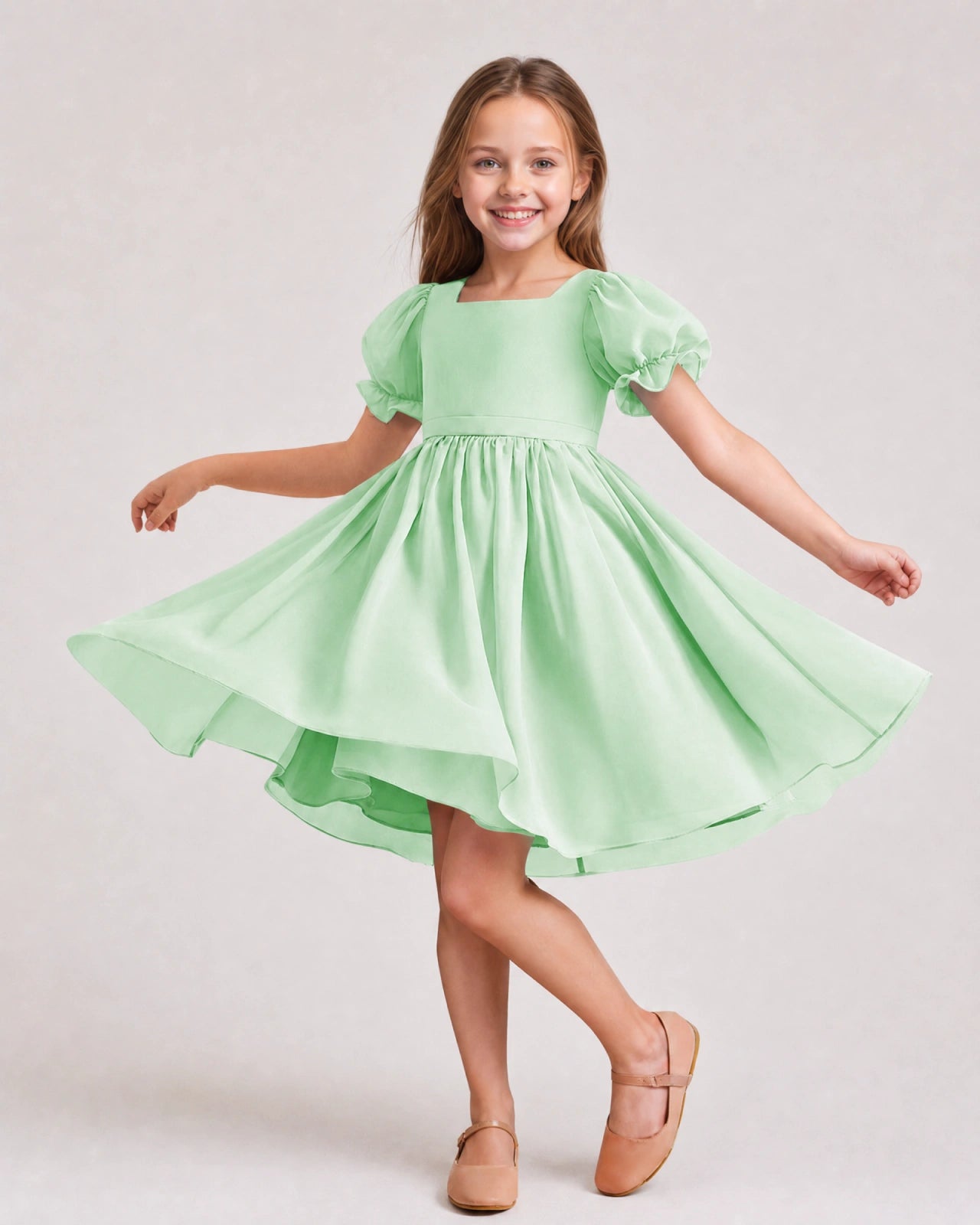Dideyttawl Sage Green Chiffon Puff Sleeve Knee Length Flower Girl Dress Bow Back Junior Bridesmaid Dress