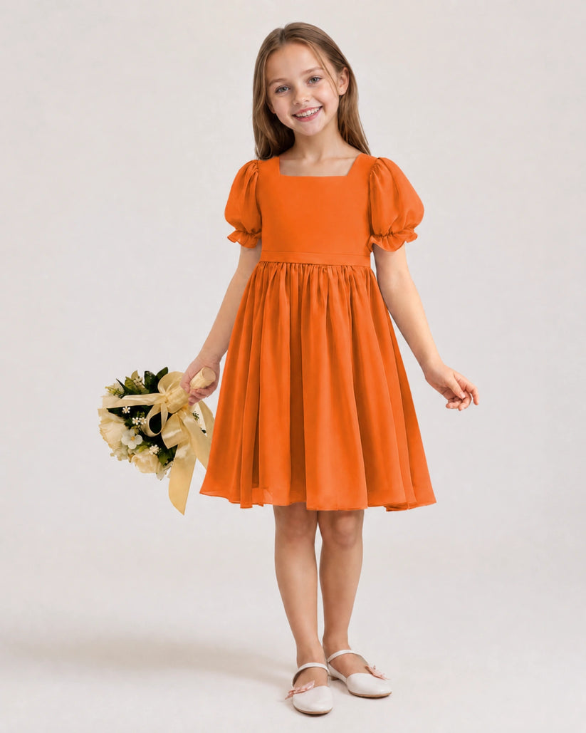 Orange Chiffon A-line Flower Girl Dress Front View