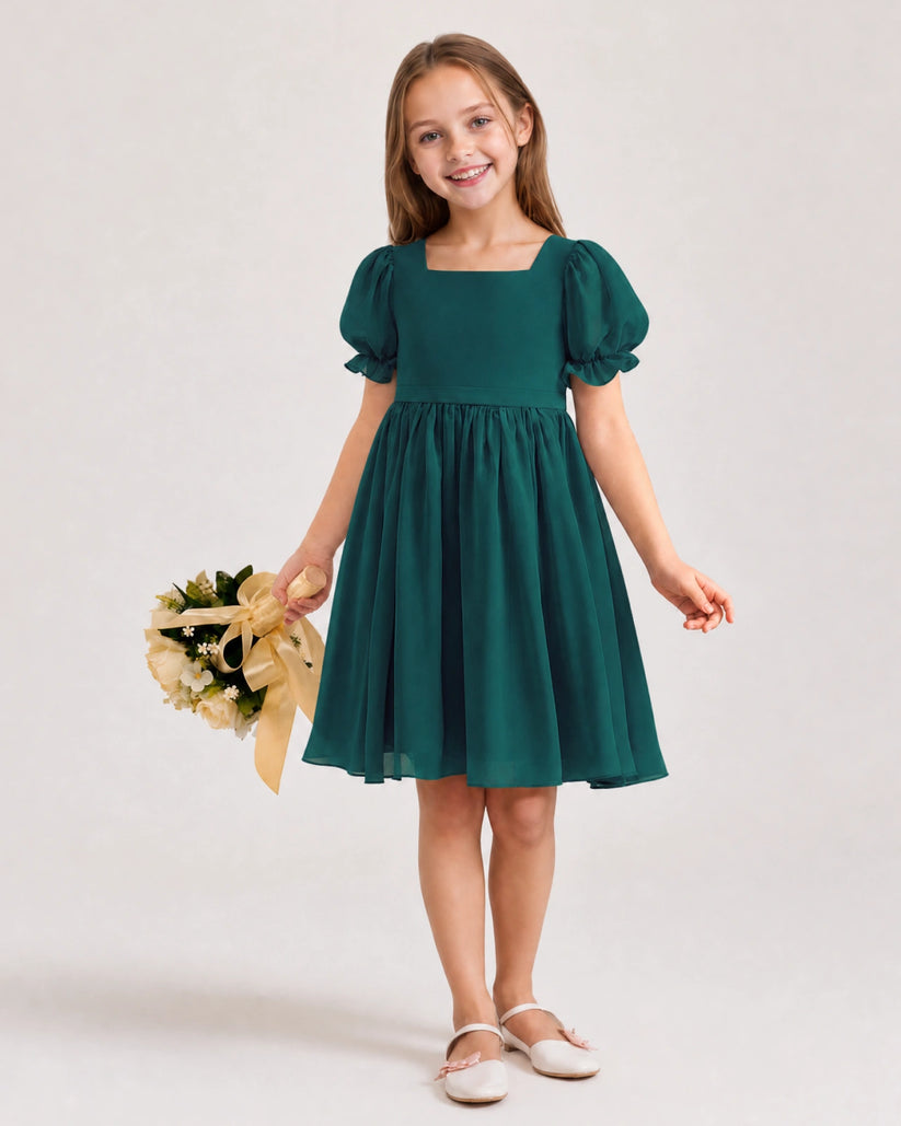 Peacock Chiffon A-line Flower Girl Dress Front View
