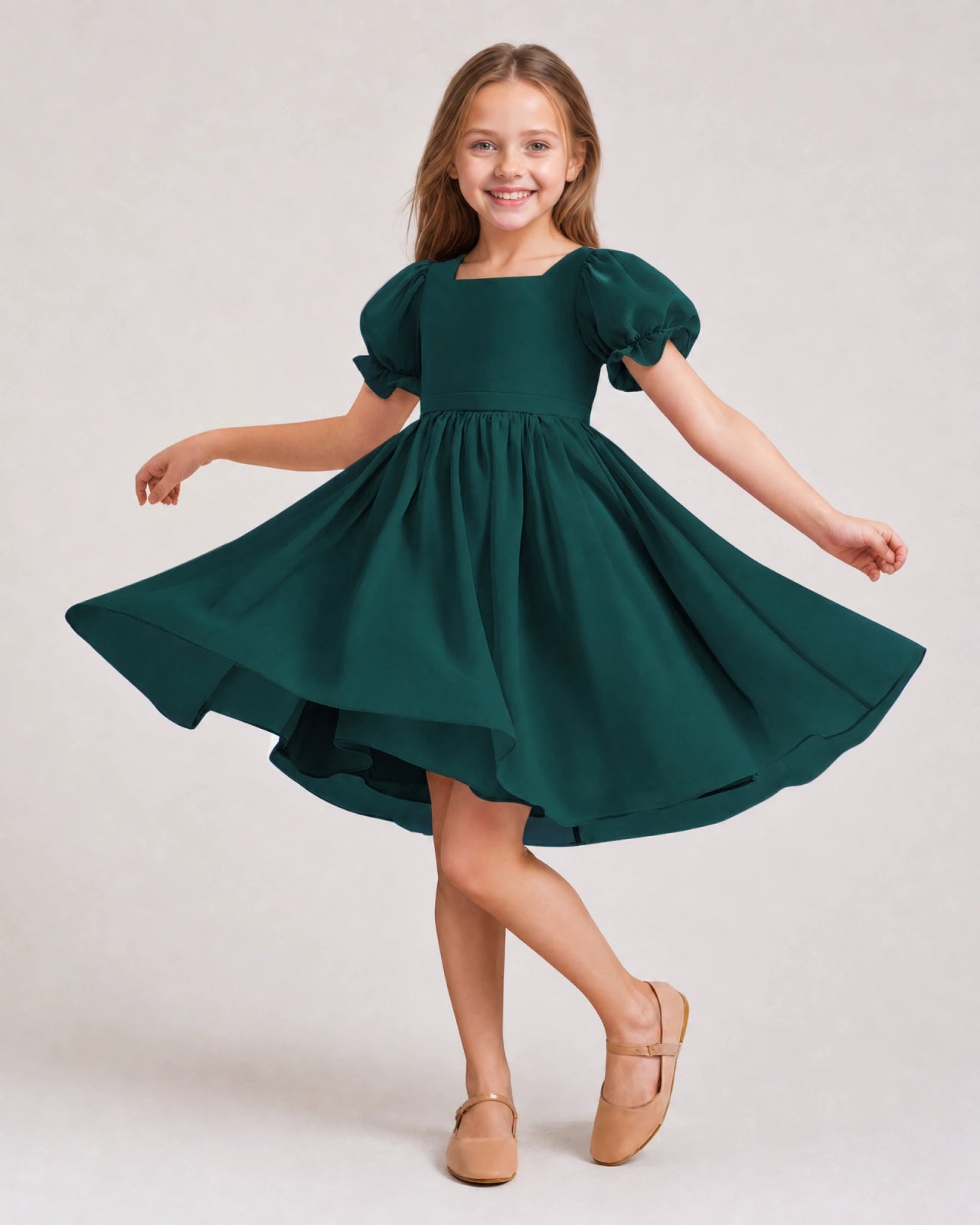 Dideyttawl Sage Green Chiffon Puff Sleeve Knee Length Flower Girl Dress Bow Back Junior Bridesmaid Dress