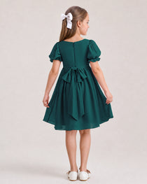 Dideyttawl Sage Green Chiffon Puff Sleeve Knee Length Flower Girl Dress Bow Back Junior Bridesmaid Dress