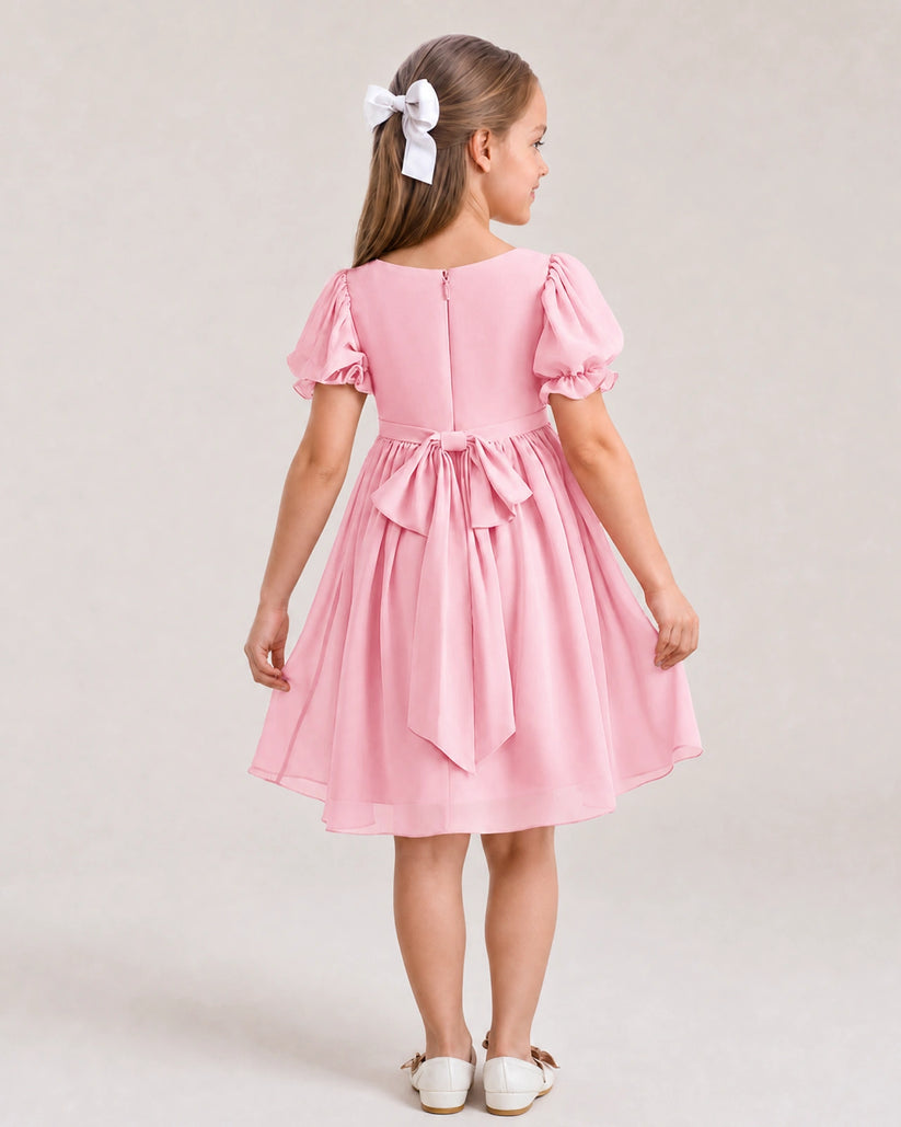 Pink Chiffon A-line Flower Girl Dress Back View