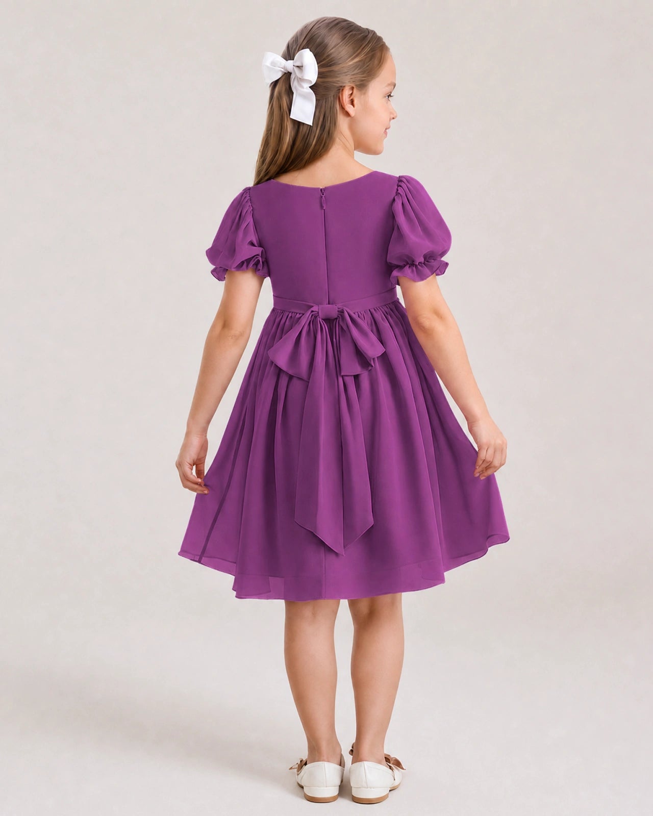 Dideyttawl Sage Green Chiffon Puff Sleeve Knee Length Flower Girl Dress Bow Back Junior Bridesmaid Dress