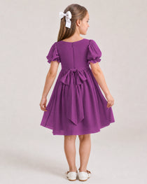 Dideyttawl Sage Green Chiffon Puff Sleeve Knee Length Flower Girl Dress Bow Back Junior Bridesmaid Dress
