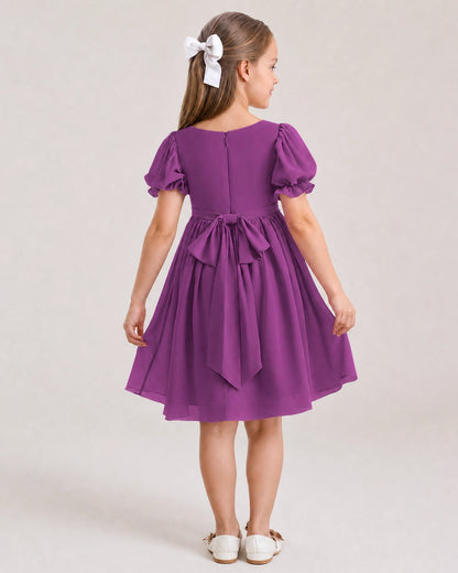 Dideyttawl Sage Green Chiffon Puff Sleeve Knee Length Flower Girl Dress Bow Back Junior Bridesmaid Dress