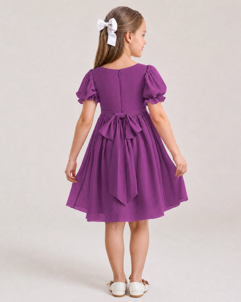 Purple Chiffon A-line Flower Girl Dress Back View