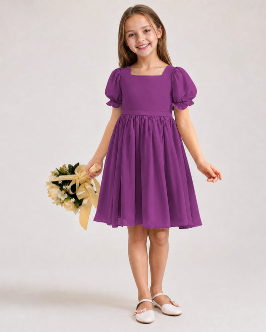 Purple Chiffon A-line Flower Girl Dress Front View