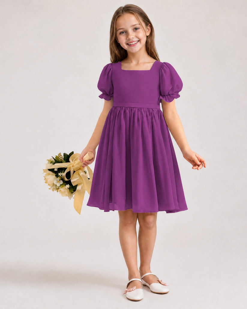 Purple Chiffon A-line Flower Girl Dress Front View