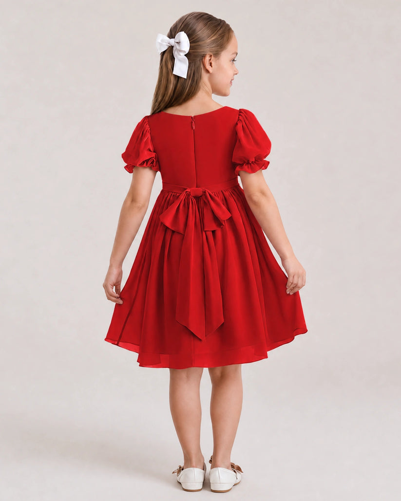 Red Chiffon A-line Flower Girl Dress Back View