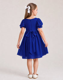 Dideyttawl Sage Green Chiffon Puff Sleeve Knee Length Flower Girl Dress Bow Back Junior Bridesmaid Dress