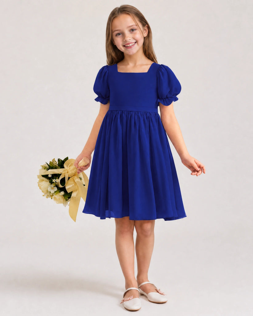 Royal Blue Chiffon A-line Flower Girl Dress Front View