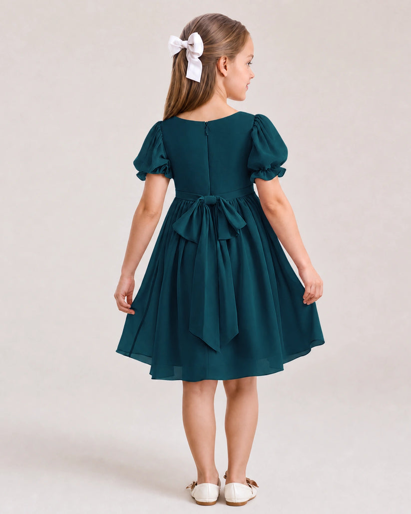 Teal Chiffon A-line Flower Girl Dress Back View