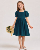 Teal Chiffon A-line Flower Girl Dress Front View