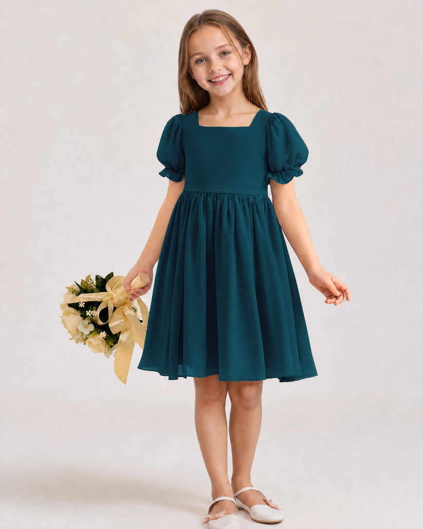 Teal Chiffon A-line Flower Girl Dress Front View