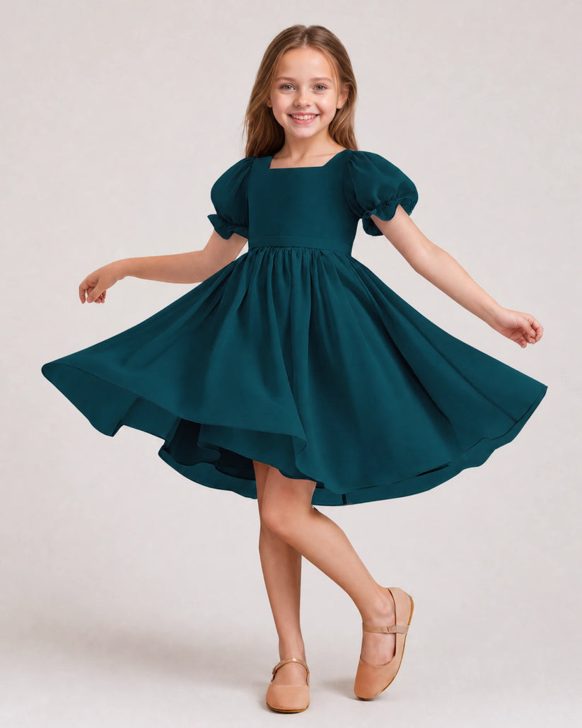 Teal Chiffon A-line Flower Girl Dress Front View