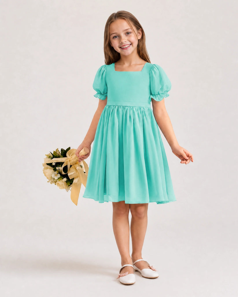 Turquoise Chiffon A-line Flower Girl Dress Front View