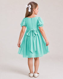 Dideyttawl Sage Green Chiffon Puff Sleeve Knee Length Flower Girl Dress Bow Back Junior Bridesmaid Dress