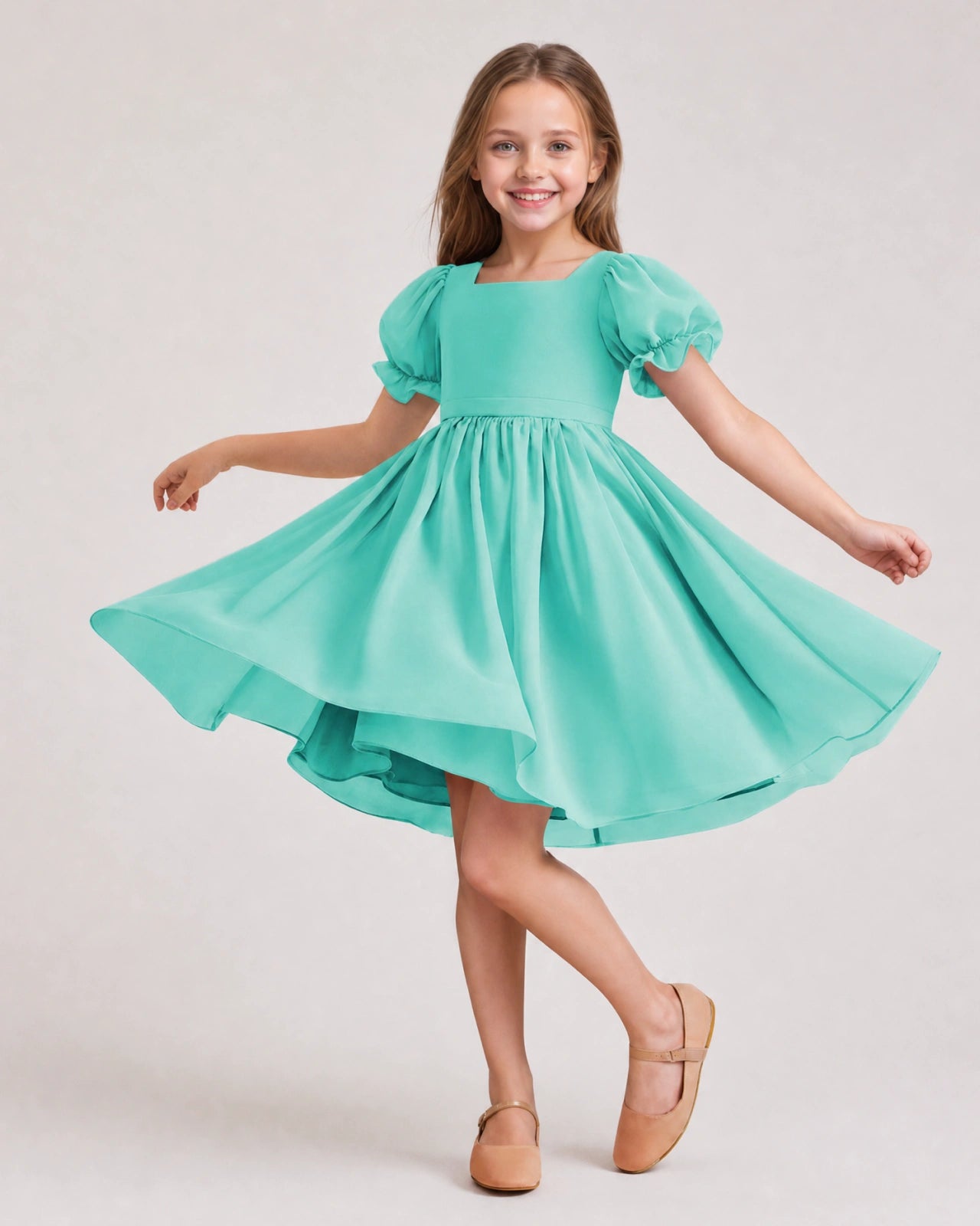 Dideyttawl Sage Green Chiffon Puff Sleeve Knee Length Flower Girl Dress Bow Back Junior Bridesmaid Dress