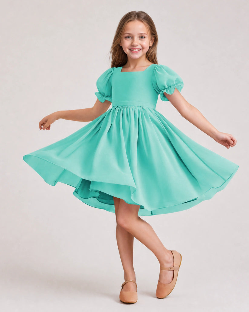 Turquoise Chiffon A-line Flower Girl Dress Front View