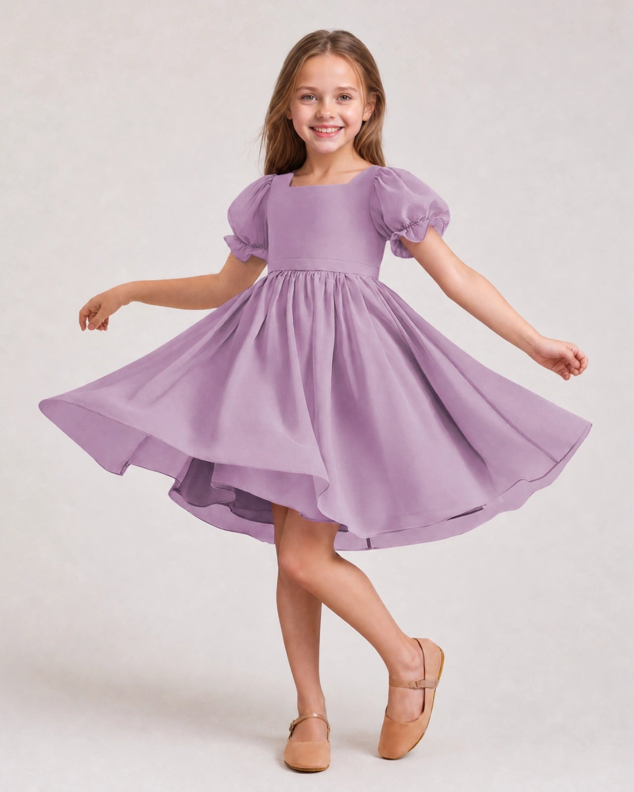 Dideyttawl Sage Green Chiffon Puff Sleeve Knee Length Flower Girl Dress Bow Back Junior Bridesmaid Dress